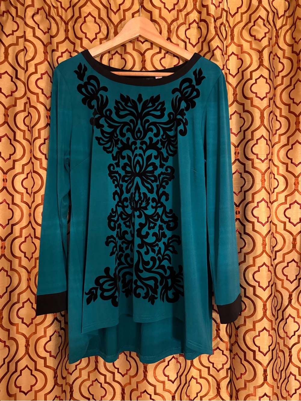 Bob Mackie Teal Long-Sleeve Tunic with Black Damask Detail